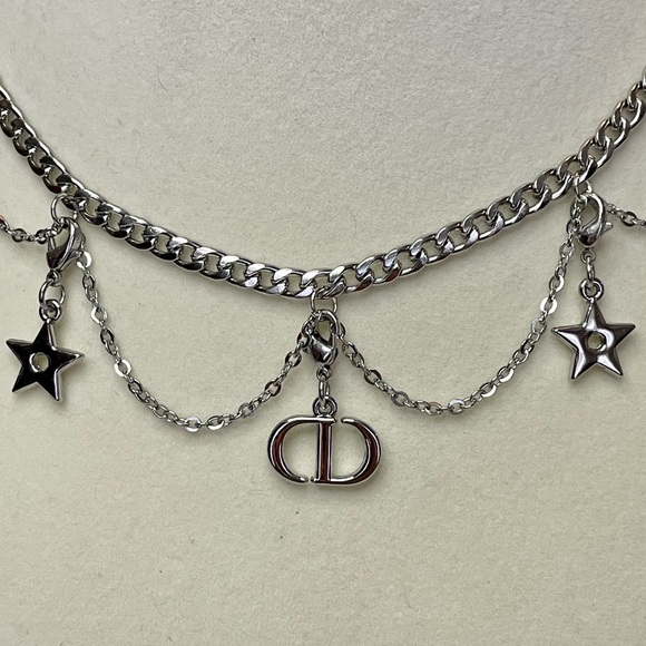 Upcycled Silver Charms Layered Cuban Link Choker Necklace - Picture 3 of 4